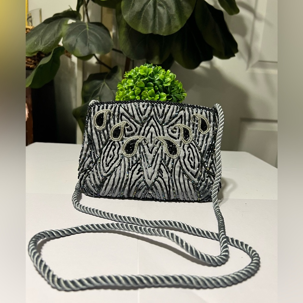 Vintage Blue & Grey Women's Crossbody Beaded Satin Clutch/Bag with Cloth Rope